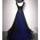 Navy Blue And Black Tulle V-Neckline Floor Length Party Dress Evening Dress, Unique Prom Dresses      fg5093