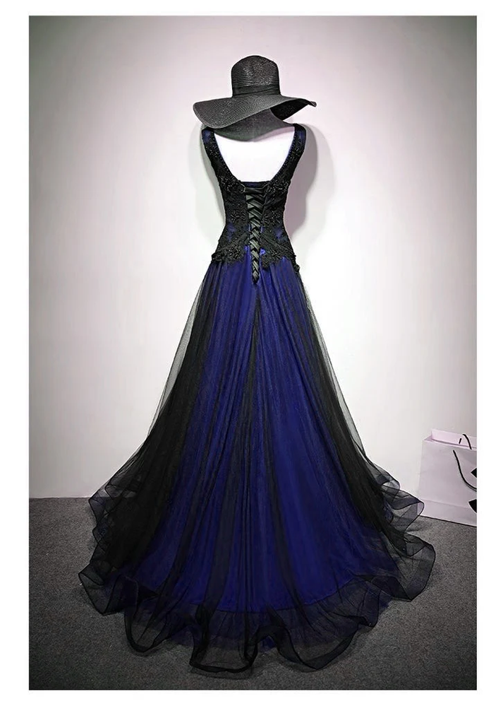Navy Blue And Black Tulle V-Neckline Floor Length Party Dress Evening