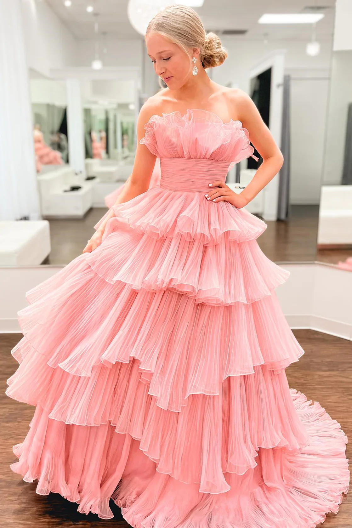 A-line Off-the-Shoulder Pink Ruffle Layers Tulle Long Prom Dress     fg3628