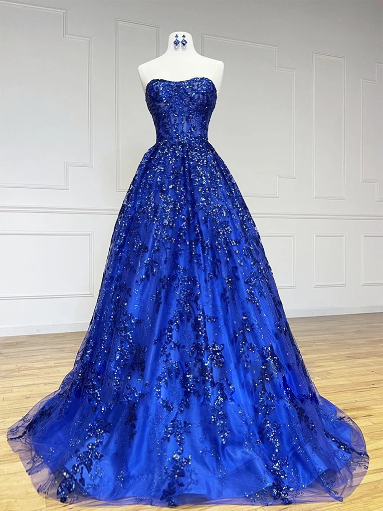 A-Line Sweetheart Neck Tulle Sequin Blue Long Prom Dress, Blue Long Fo – formalgowns