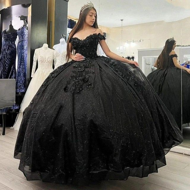 Shiny Black Quinceanera Off Shoulder Dress Sweet 15 16 Party Ball Gown ...