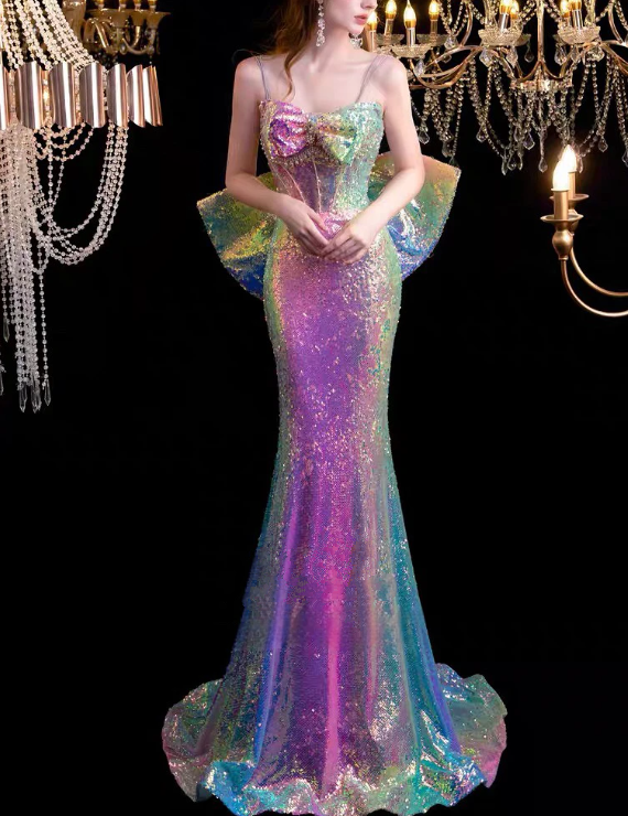 Women's Glitter Mermaid Prom Dresses, Spaghetti Strap Bow, Pearls Ribbon, Long Sexy Shiny Formal Occasion Dress   fg4614