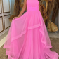 Tulle Layers Long Evening Dresses Strapless Maxi Prom Gown Floor Length Party Gowns      fg3898