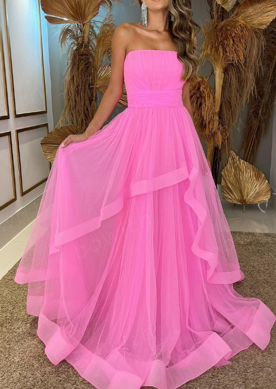 Tulle Layers Long Evening Dresses Strapless Maxi Prom Gown Floor Length Party Gowns      fg3898