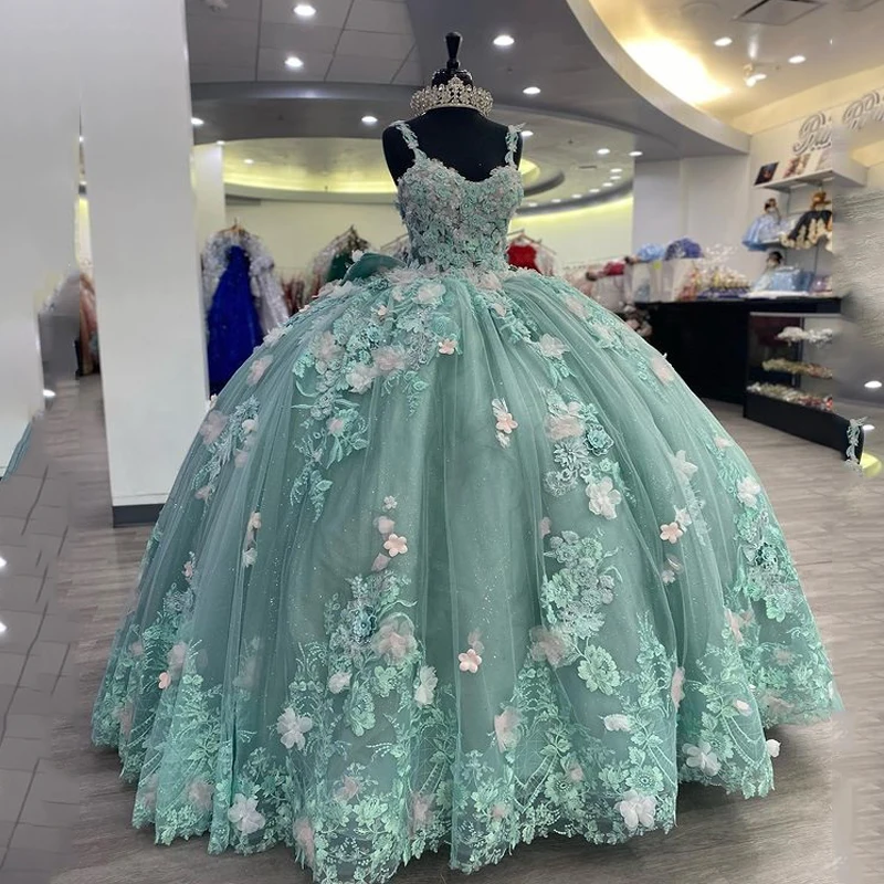 Green Princess Ball Gown Quinceanera Dresses With Bow Appliques Sweet ...