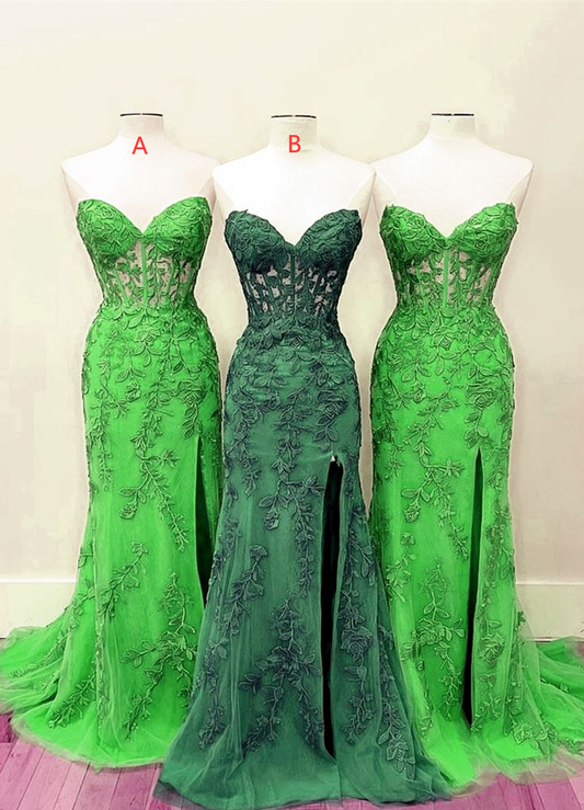 Elegant Green Lace Dress, Long Mermaid Strapless Gown With Corset Top    fg4369