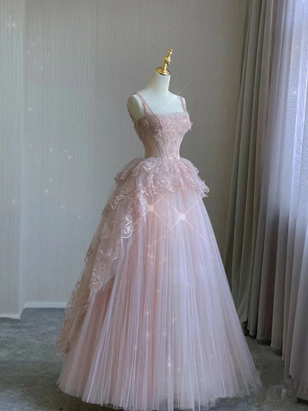Modest Ball Gown Straps Pink Tulle Prom Dresses 22th Birthday Outfit f formalgowns Modest Ball Gown Straps Pink Tulle Prom Dresses 22th Birthday Outfit f formalgowns