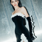 Robe de bal noire vintage sans manches, fourreau, fendue, avec gants, fg5354