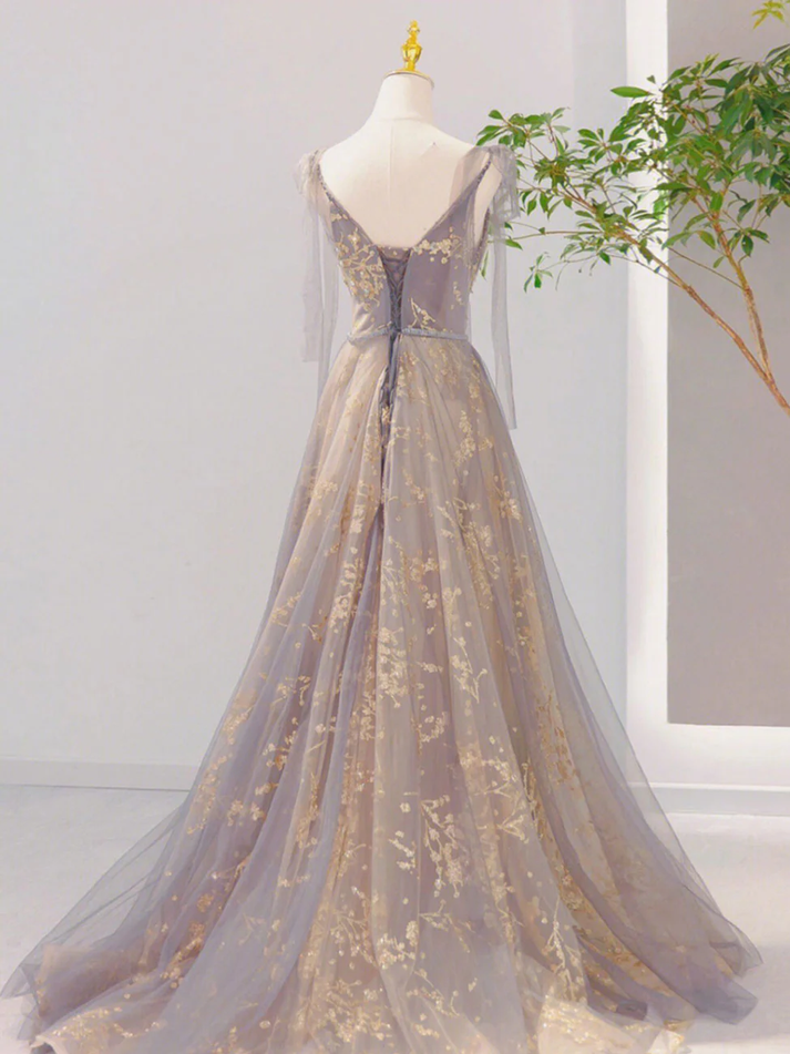 Elegant Gray Long A Line V Neck Tulle Lace Backless Formal Prom Dresses main image 0