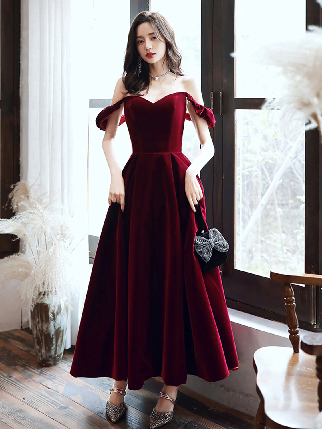 Simple Velvet Tea Length Prom Dresses, Burgundy Velvet Evening Dresses      fg5033
