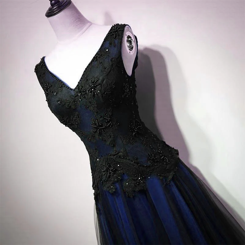 Navy Blue And Black Tulle V-Neckline Floor Length Party Dress Evening formalgowns Navy Blue And Black Tulle V-Neckline Floor Length Party Dress Evening formalgowns