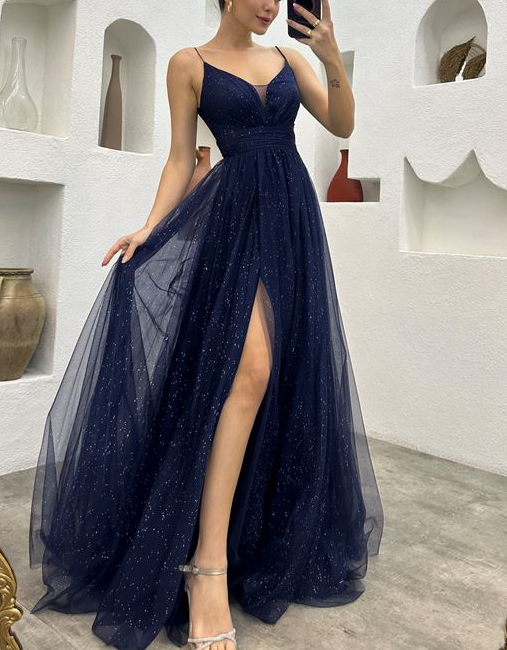 Spaghetti Straps Navy Blue V-neck A-line Long Fashion Prom Dresses       fg4712