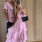 Pink A-line Tiered Prom Dress,Pink Backless Evening Dress    fg4539