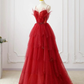 A-Line Tulle Layers Straps Long Party Dress, Tulle Prom Dress Evening Dress       fg4468