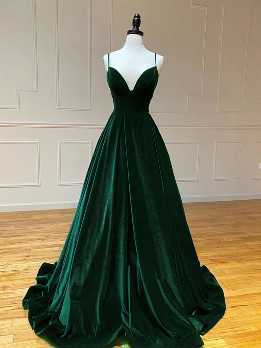 A-Line V Neck Velvet Green Long Prom Dresses, Green Velvet Formal Dress      fg4435