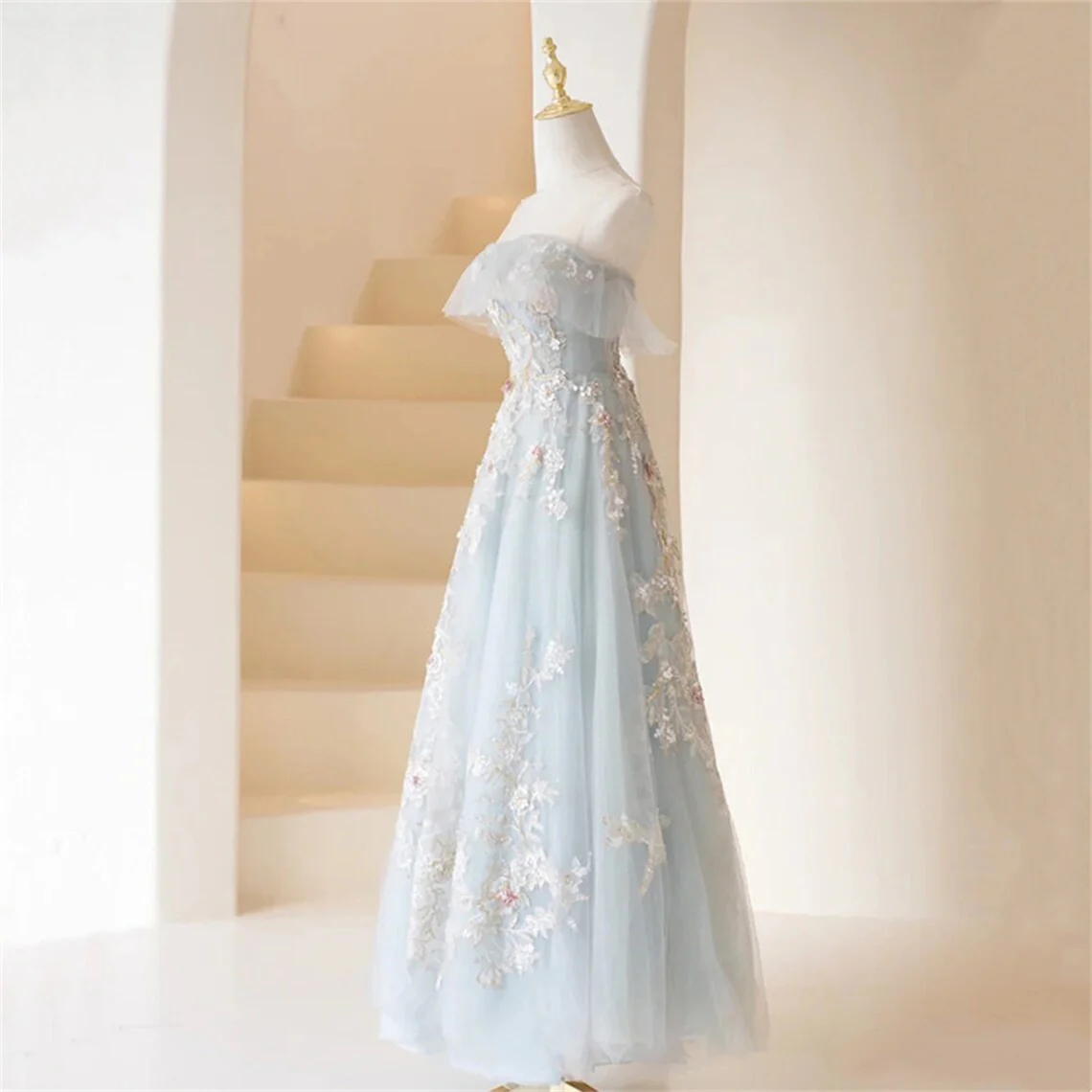 Light Blue Prom Dresses Fairy,Long Blue Tulle Floral Appliques Formal formalgowns Light Blue Prom Dresses Fairy,Long Blue Tulle Floral Appliques Formal formalgowns