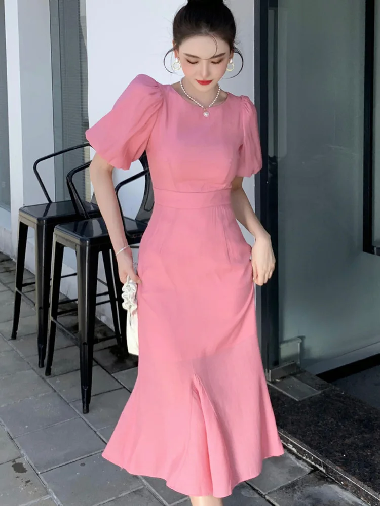 Classy Pink Puff Sleeves Mid-length Prom Dress,Pink Evening Dress    fg4680