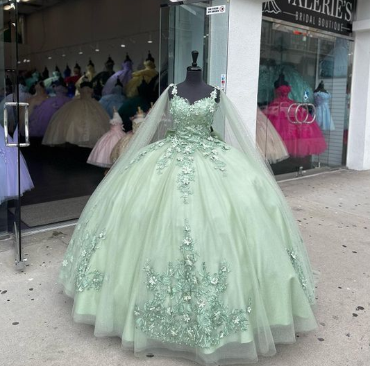 Sage Green Shiny Sweetheart Quinceanera Dresses With Cape Sweet 16 Dresses Ball Gown Applique Tulle Birthday Gowns    fg4540