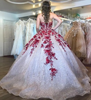 Glitter Sweetheart Tulle Appliqued Red Quinceanera Dress with Train