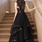 A-Line V Neck Sequin Tulle Black Long Prom Dress, Black Long Evening Dress         fg4956