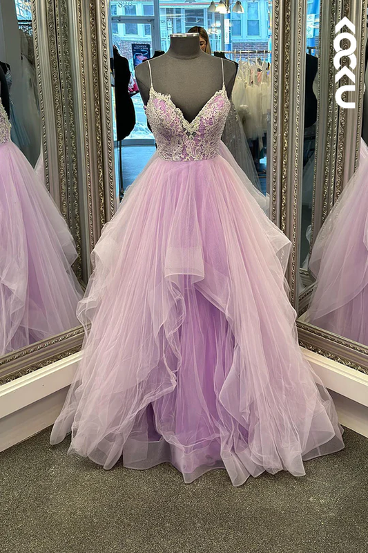 Robe de bal trapèze sans manches en tulle avec bretelles et appliques fg4591