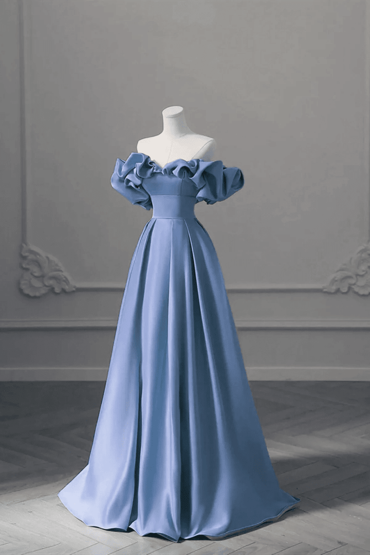 Unique Blue Satin Long Off Shoulder Party Dress, Simple Blue Prom Dress        fg4969