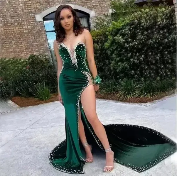 Hunter Green Velvet Prom Dresses African aso ebi Mermiad Evening Dress formalgowns