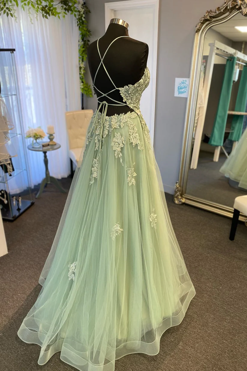 Robe longue trapèze vert sauge à bretelles et appliques fg4484
