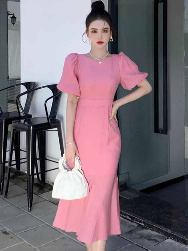 Classy Pink Puff Sleeves Mid-length Prom Dress,Pink Evening Dress fg46 – formalgowns