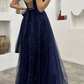 Spaghetti Straps Navy Blue V-neck A-line Long Fashion Prom Dresses       fg4712