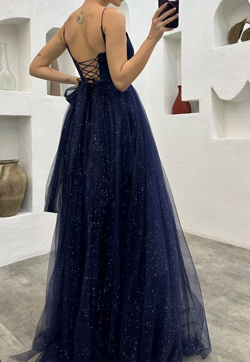 Spaghetti Straps Navy Blue V-neck A-line Long Fashion Prom Dresses fg4 formalgowns Spaghetti Straps Navy Blue V-neck A-line Long Fashion Prom Dresses fg4 formalgowns