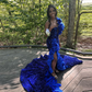 Blue Long Prom Dress Sequined Ruffles Side Split Sexy Evening Dress Graduation Party Gowns      fg5148