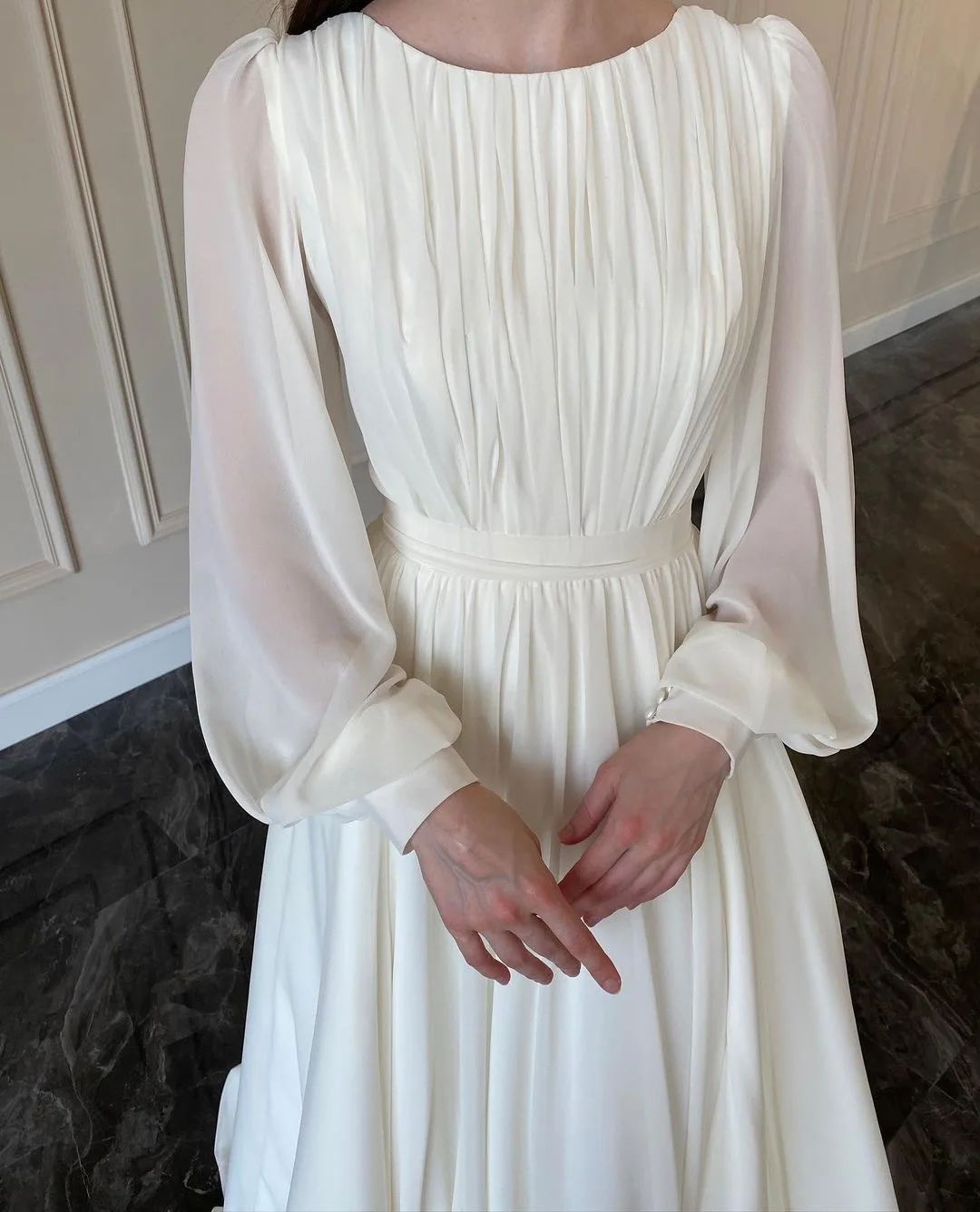 Robe longue plissée élégante à manches lanternes et col rond pour femme, tenue de soirée tendance à manches longues, fg5902