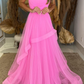 Tulle Layers Long Evening Dresses Strapless Maxi Prom Gown Floor Length Party Gowns      fg3898