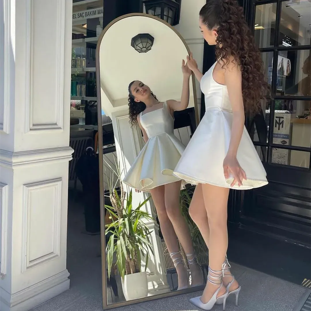 Elegant Short Homecoming Dresses Square Collar Satin Sleeveless A Line formalgowns Elegant Short Homecoming Dresses Square Collar Satin Sleeveless A Line formalgowns