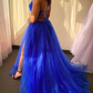 Robe de bal trapèze en tulle, col en V, bretelles spaghetti, traîne, avec fente, fg4750