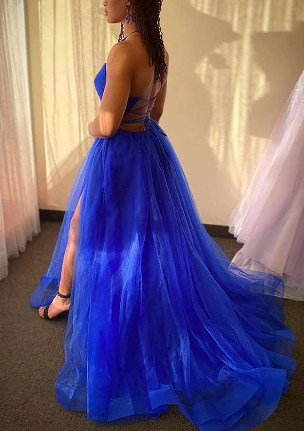 Robe de bal trapèze en tulle, col en V, bretelles spaghetti, traîne, avec fente, fg4750