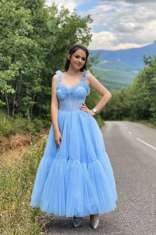 Sky Blue Straps Tulle A Line Prom Dress Sweetheart Homecoming Dresses     fg3815