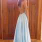 Simple blue satin long prom dress, blue long evening dress      fg4854