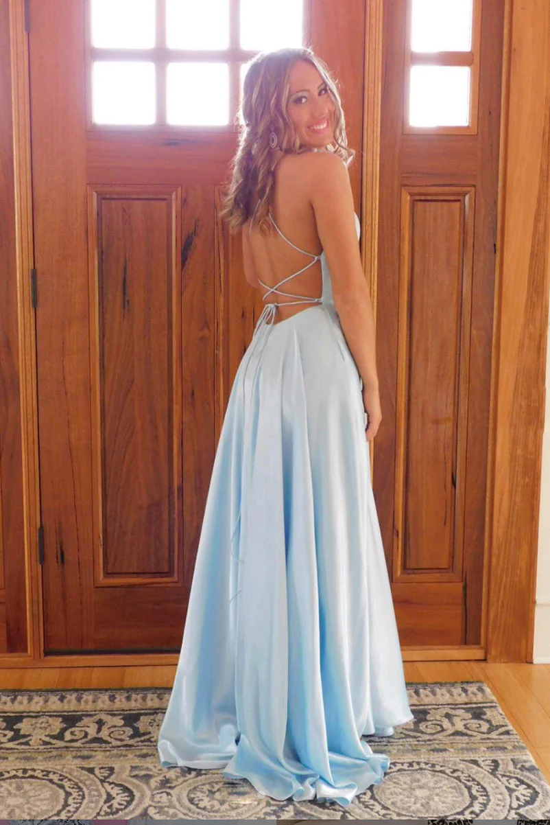 Simple blue satin long prom dress, blue long evening dress      fg4854