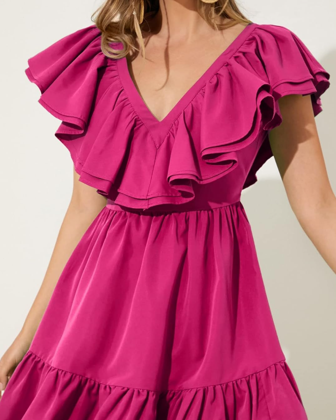 Short Dress V Neck Two Trim Ruffle Hem Dress Homecoming Dress Short Pa formalgowns Short Dress V Neck Two Trim Ruffle Hem Dress Homecoming Dress Short Pa formalgowns