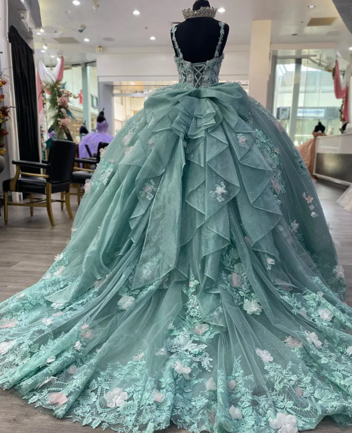 Green Princess Ball Gown Quinceanera Dresses With Bow Appliques Sweet formalgowns Green Princess Ball Gown Quinceanera Dresses With Bow Appliques Sweet formalgowns
