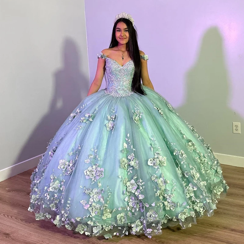 Light Green Quinceanera Dress with 3D Flowers Sleeveless Cape Ball Gow –  formalgowns