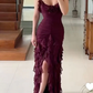 Spaghetti Straps Chiffon Prom Dress, Burgundy Evening Party Dress      fg5153