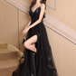 A-Line V Neck Sequin Tulle Black Long Prom Dress, Black Long Evening Dress         fg4956