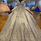 Silver Off Shoulder Ruffled Back Ball Gown Prom Dress Appliqué Beads Sweet 16th Dress    fg3812