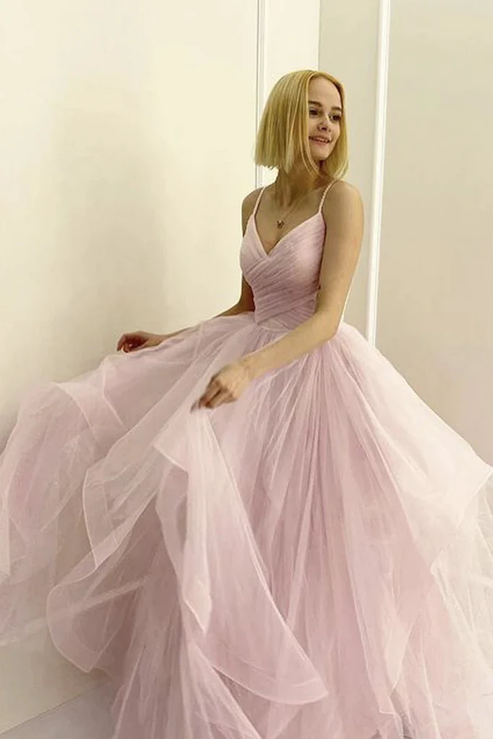 A Line V Neck Tulle Beading Open Back Pink Prom Dress LBQ3792 main image 1