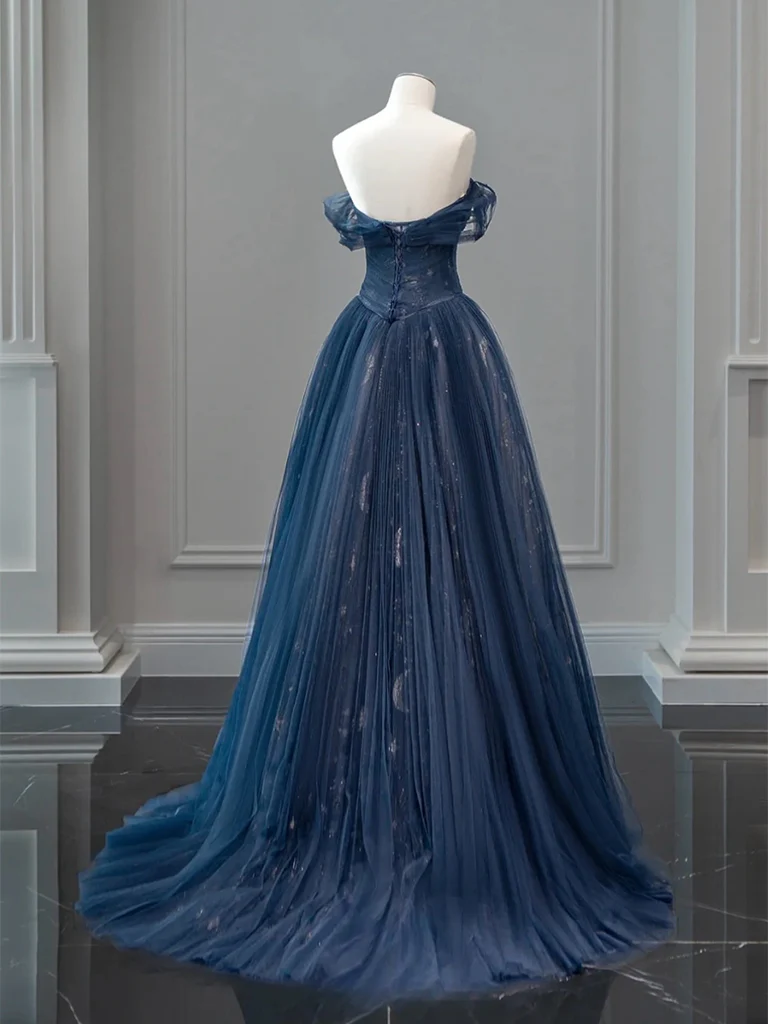 A-Line Off Shoulder Tulle Lace Dark Blue Long Prom Dress, Dark Blue Lo