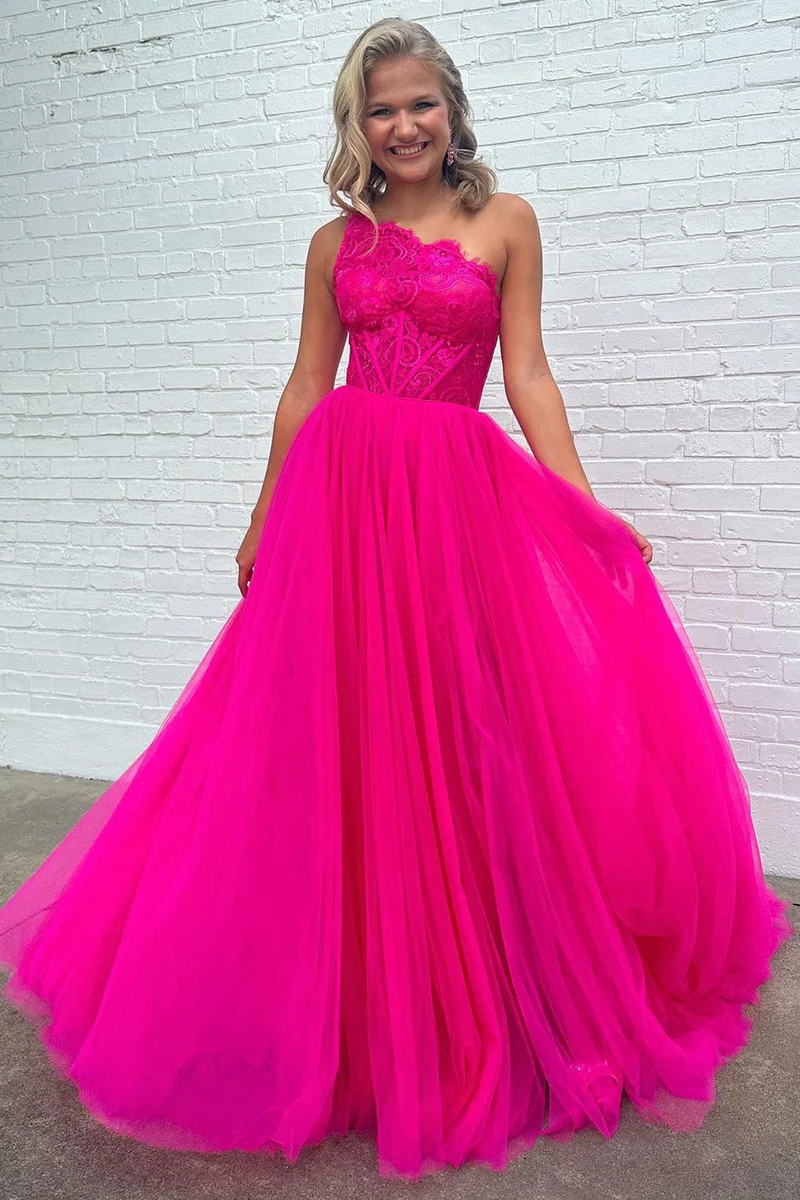 A-line One Shoulder Lace Tulle Prom Dress with Slit      fg4741