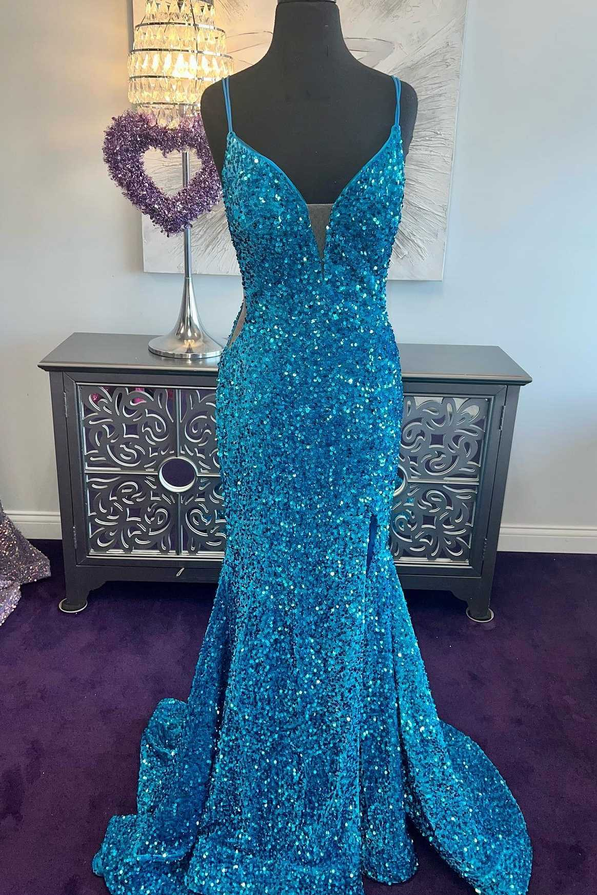 blue sequin plunge dress Blue Sequin Plunge V Mermaid Long Prom Dress with Slit fg5308